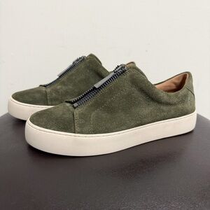 Frye Forest Green Suede Lena Zip Up Slip On Low Ivory Trim Top Sneaker 8 8M